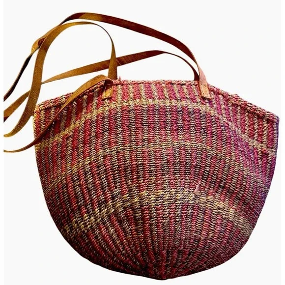 Vintage Woven Sisal Market Tote Bucket Bag Leather Straps Round Striped Boho